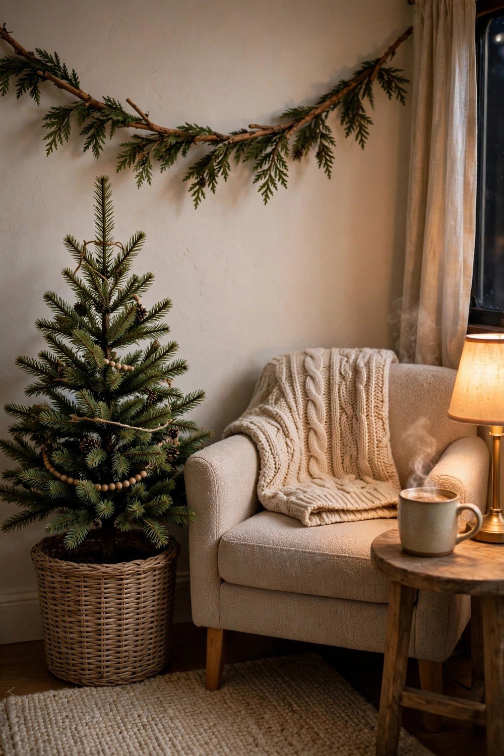 Small living room coffee table with Christmas centerpiece, candles and hot cocoa