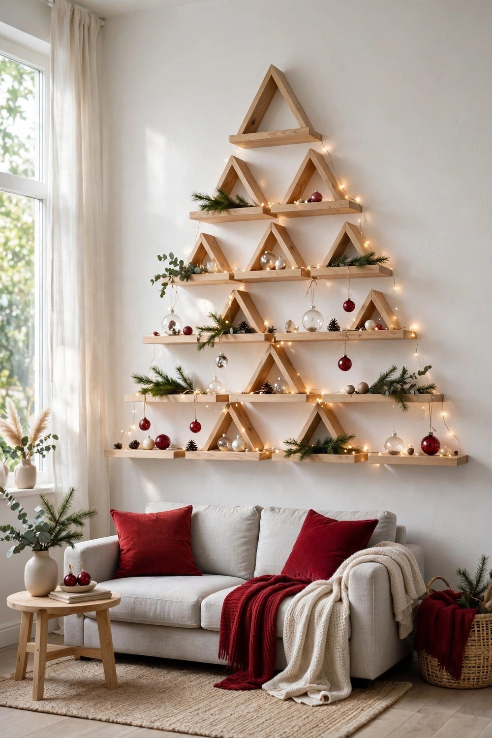 Compact Christmas entryway nook with wreath, garland and warm lantern light