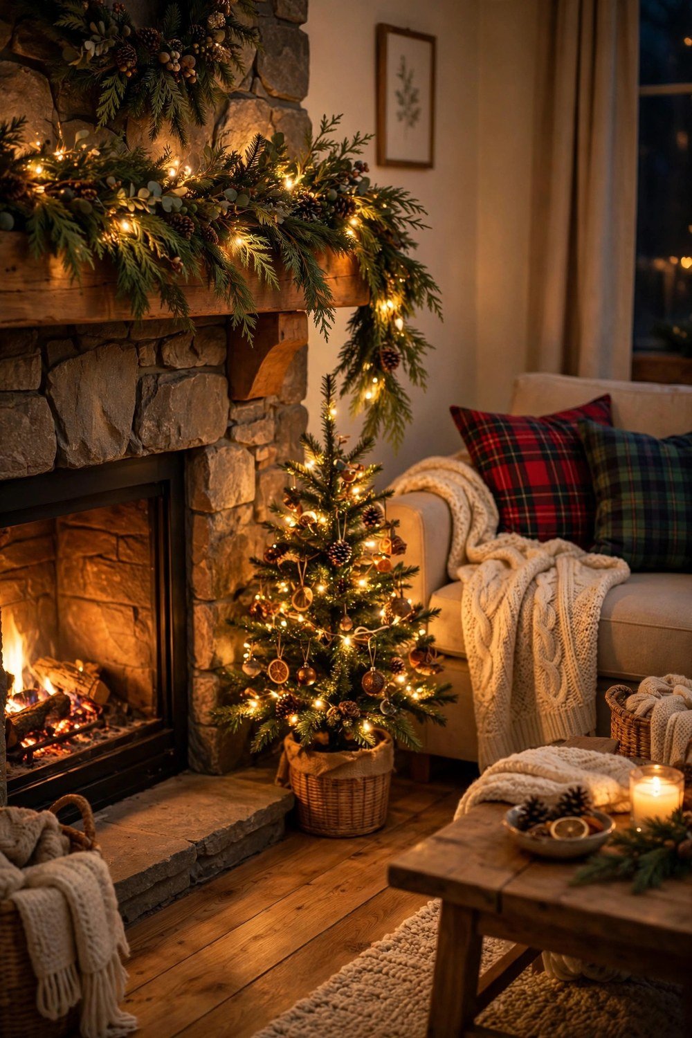 Small living room fireplace with glowing garland, stockings and twinkling lights