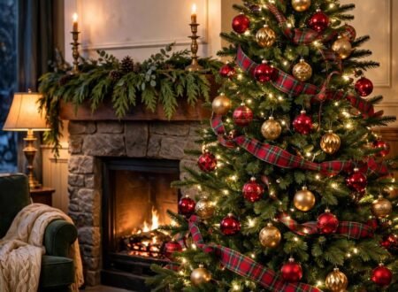 Traditional Christmas living room with a tall evergreen tree decorated with red and gold glass ornaments, plaid ribbon garland and a glowing gold star topper