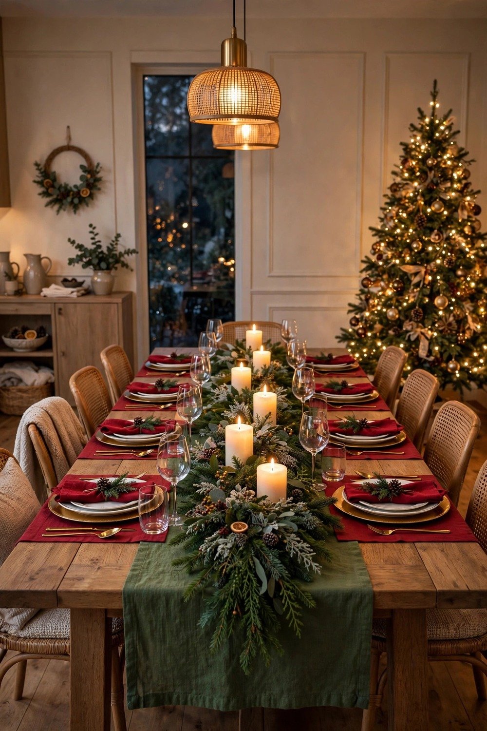 Christmas dining table with red and green tablescape, plaid runner and glowing candlelit centerpiece