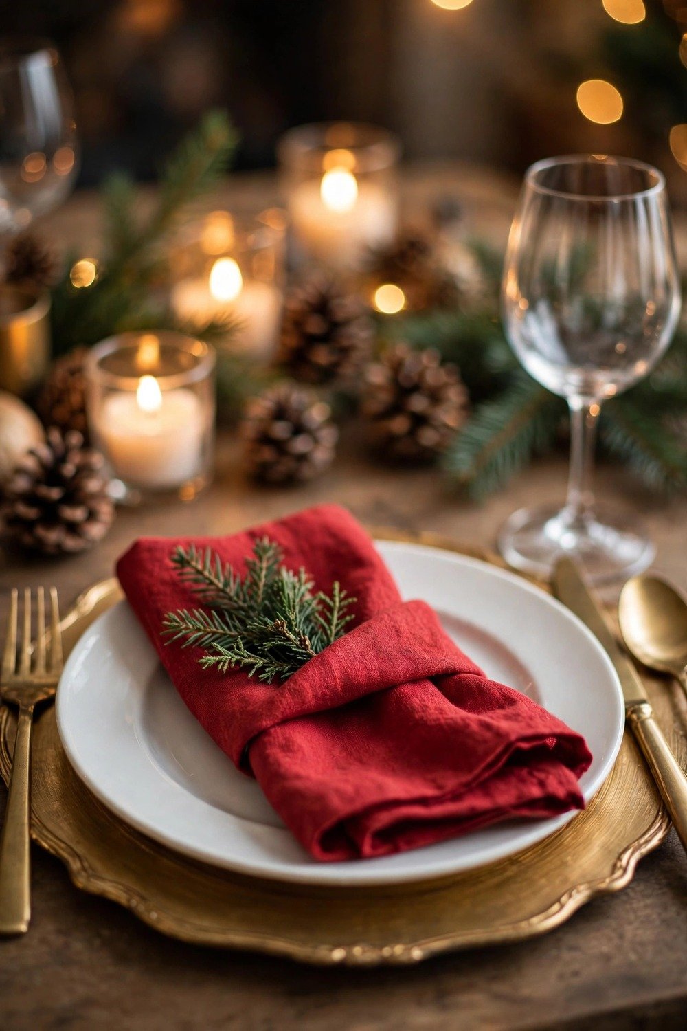 Christmas place setting with red linen napkin, gold flatware and festive ornaments