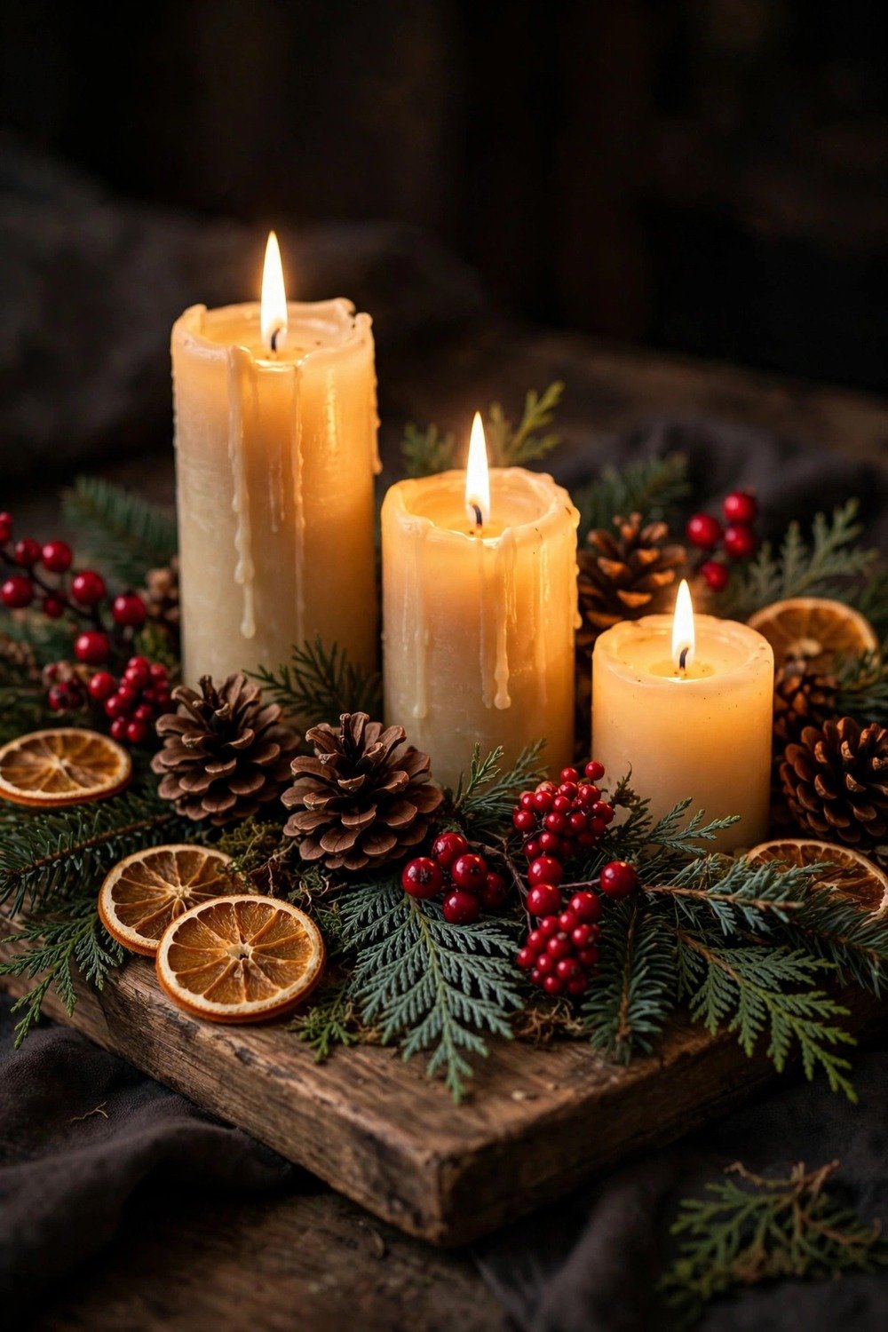Glowing pillar candles with fresh evergreen as a Christmas dining centerpiece