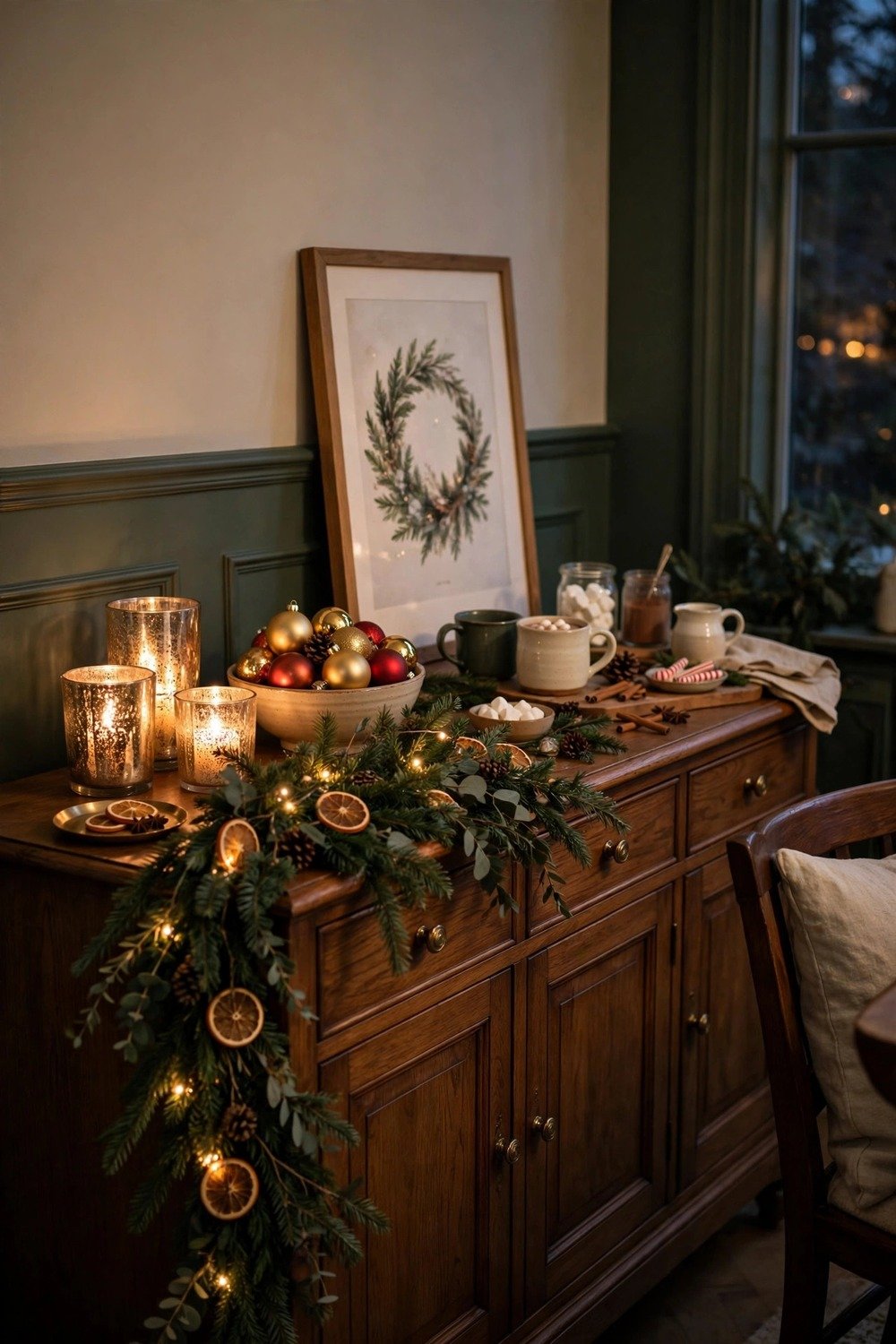 Christmas sideboard styled with evergreen garland, candles and holiday decor