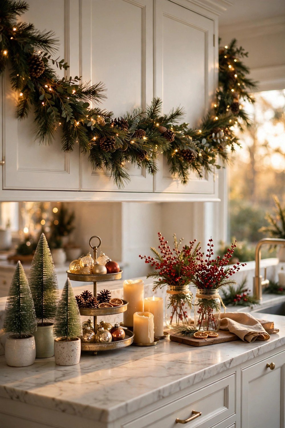 Small potted Norfolk pine tree with fairy lights styled on a kitchen counter