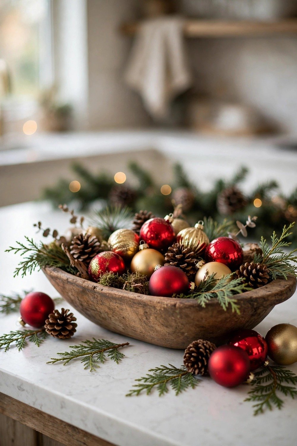 Glass apothecary jars filled with colorful Christmas ornaments on a kitchen island