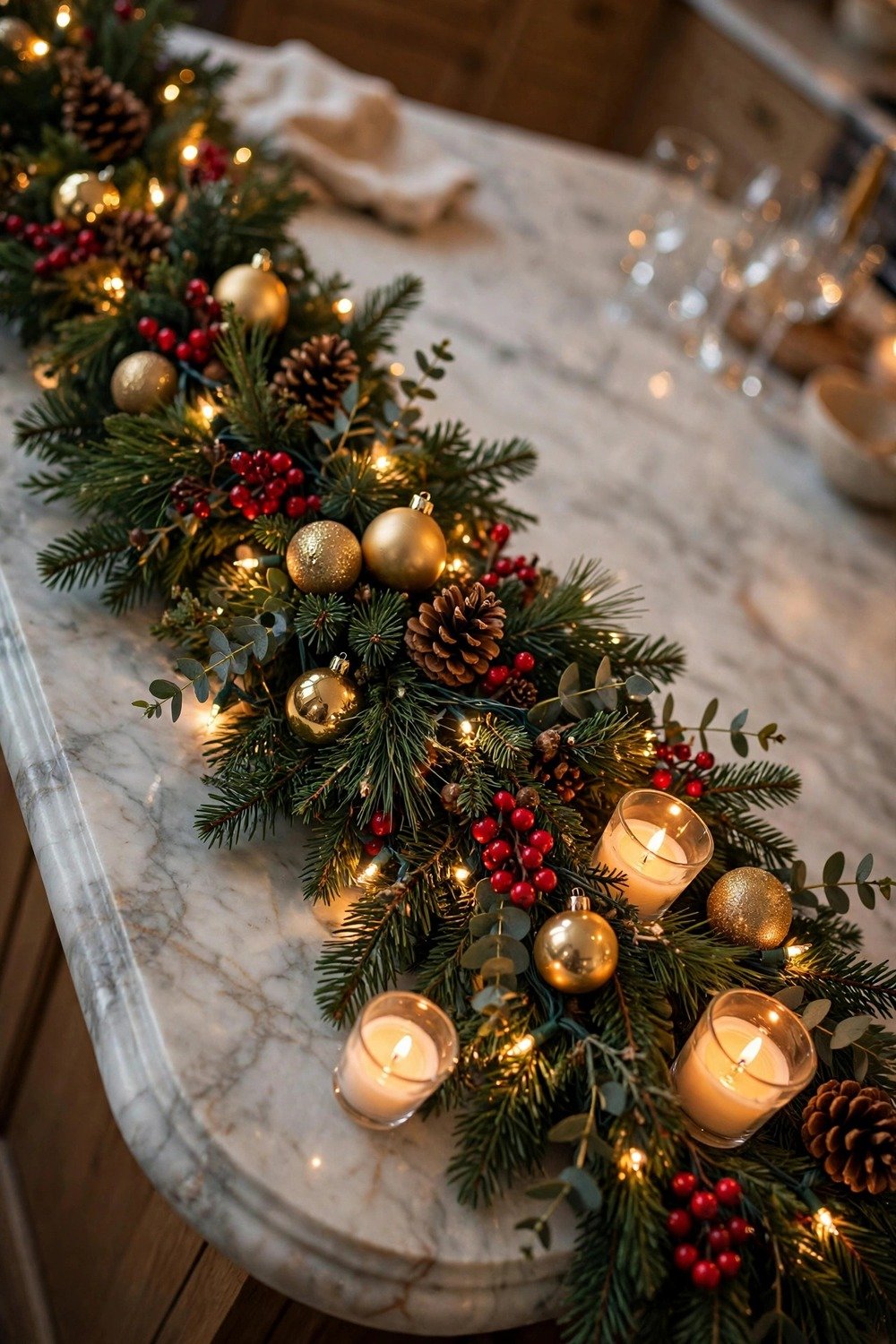 Birch log bundle tied with ribbon and wrapped in fairy lights on a kitchen island