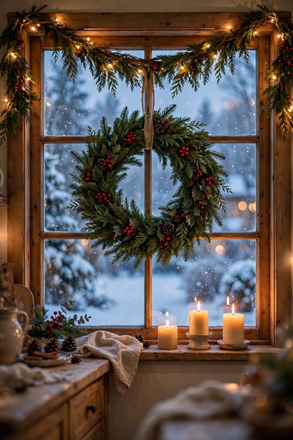 Christmas kitchen window decorated with frosted window clings showing snowflakes and a winter village scene