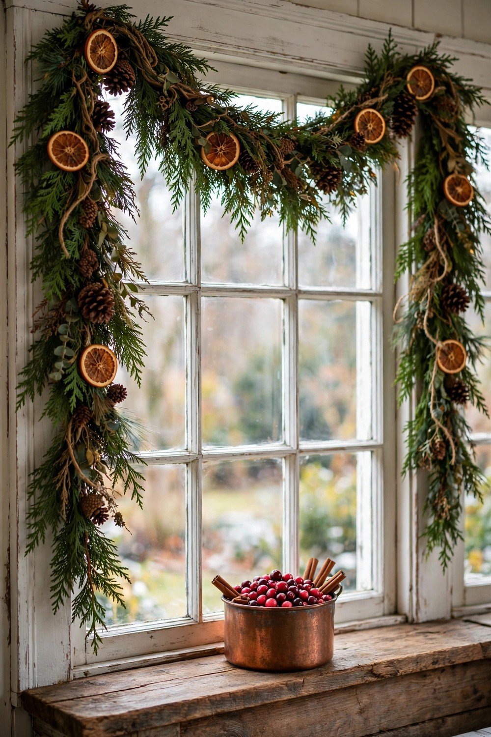 Kitchen window garland decorated with dried orange slices, cinnamon sticks and star anise