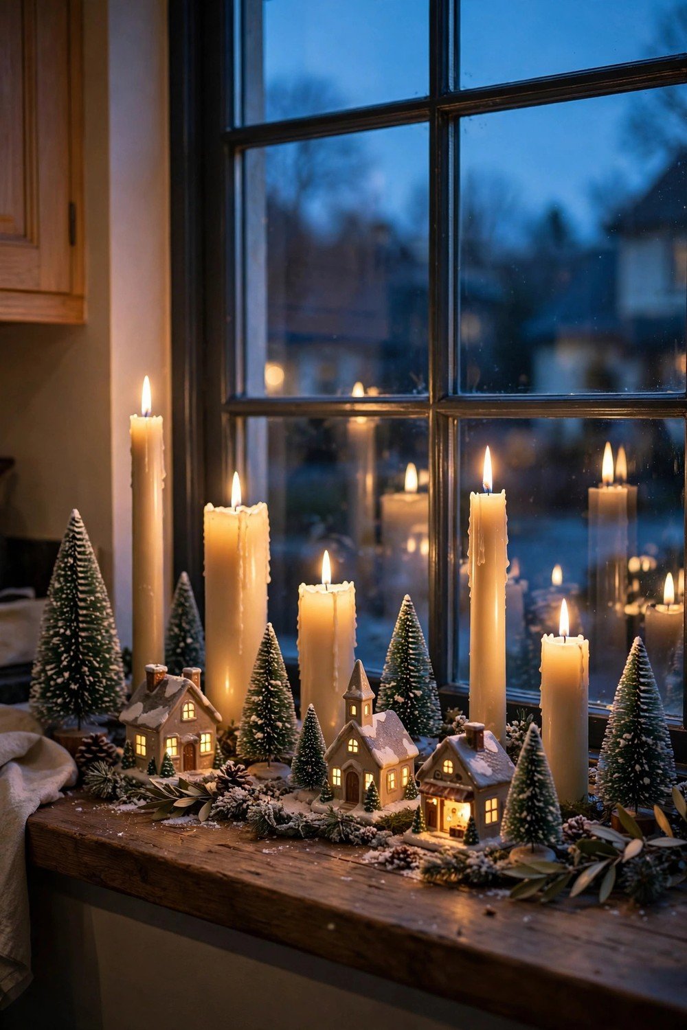 Kitchen window glowing with warm fairy lights behind sheer white curtains