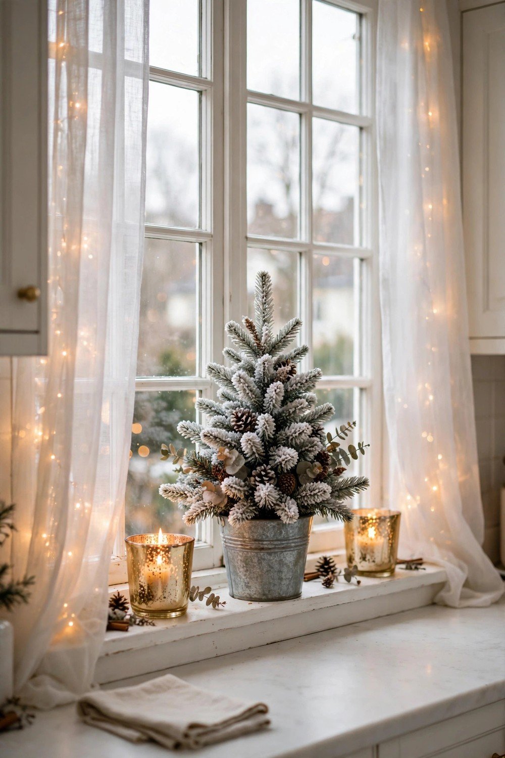 Small illuminated nativity scene on a Christmas kitchen windowsill