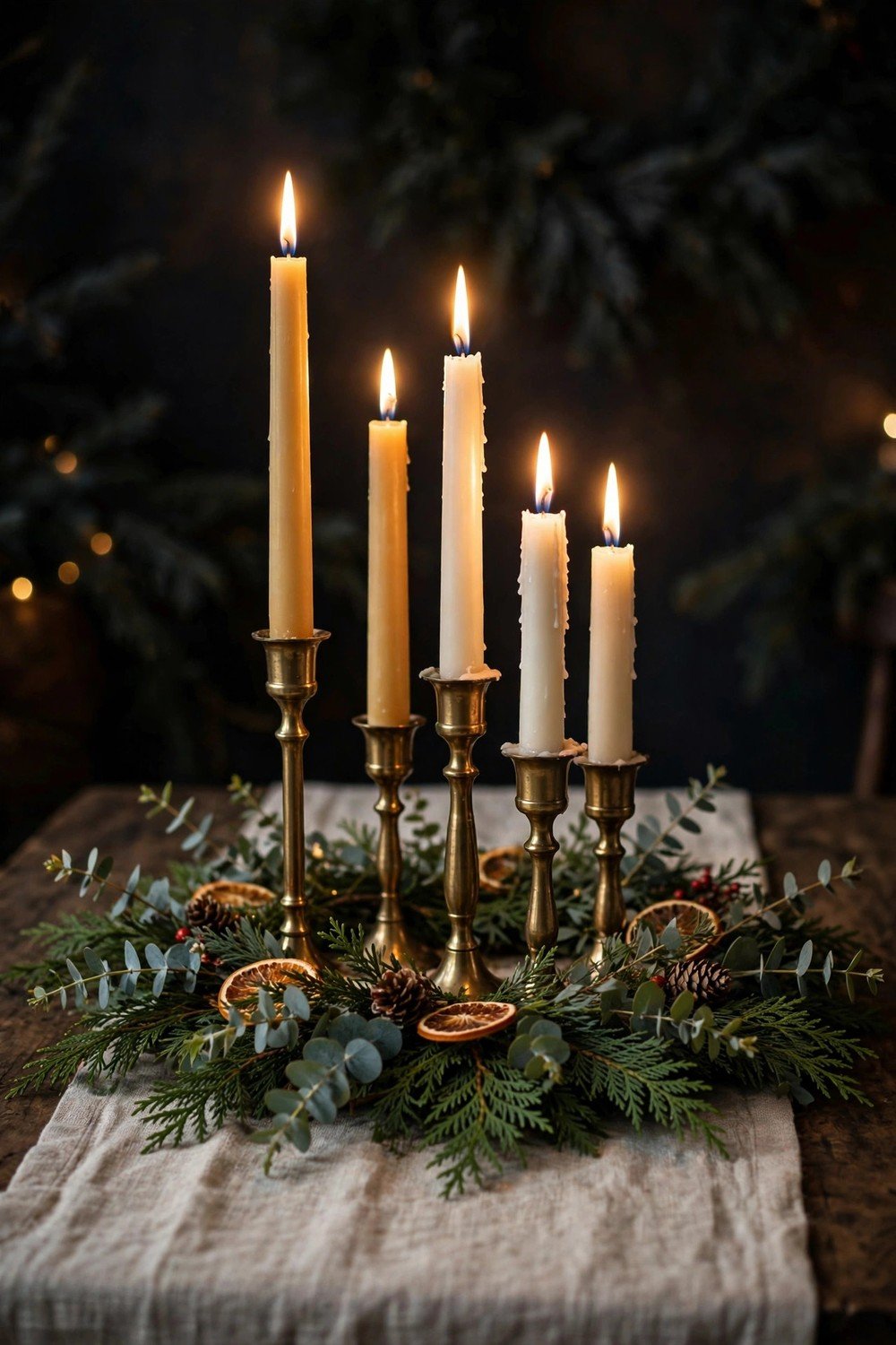 Elegant crystal and silver Christmas centerpiece with white taper candles