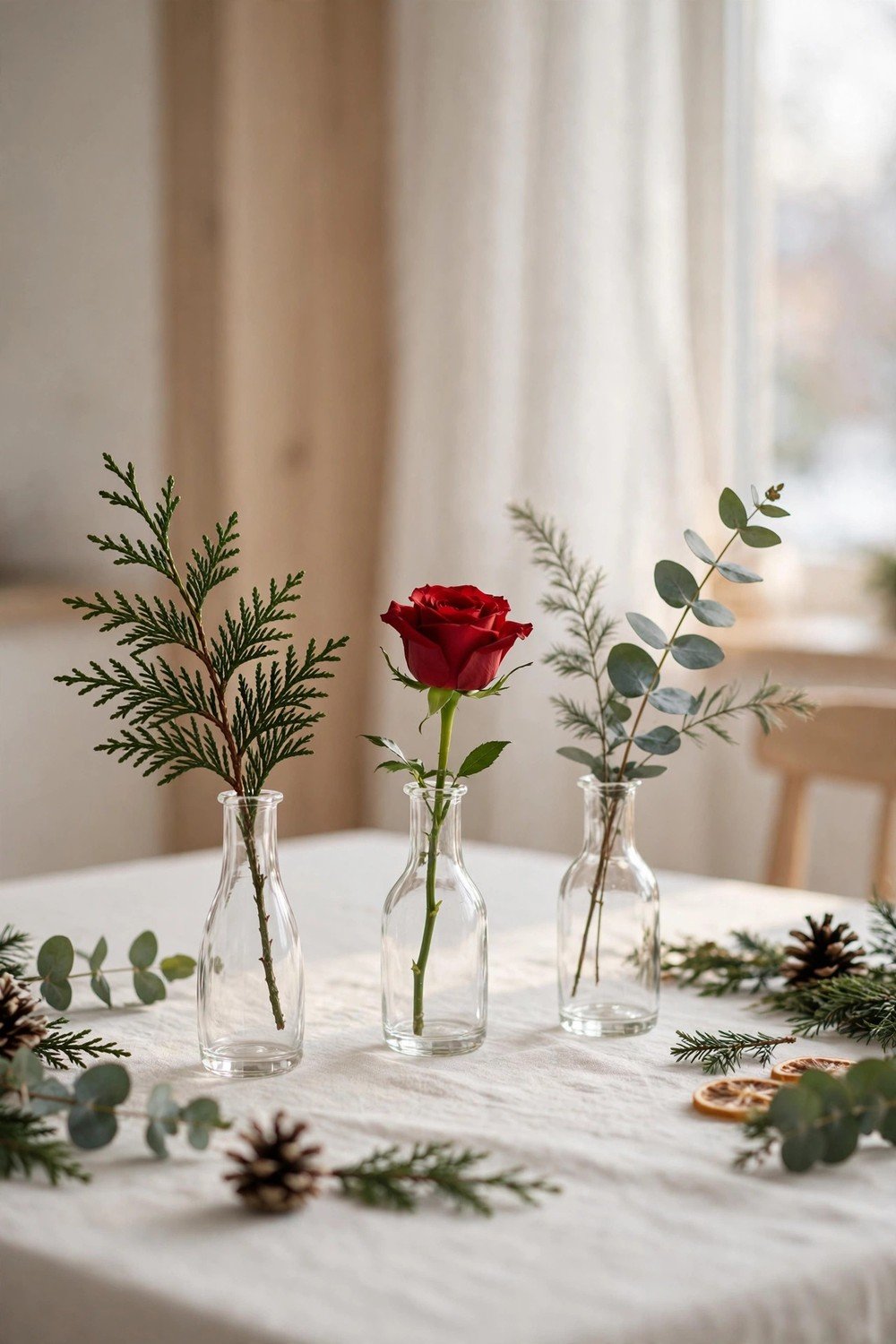 Minimalist single-stem bud vases with cedar sprigs and red rose for Christmas