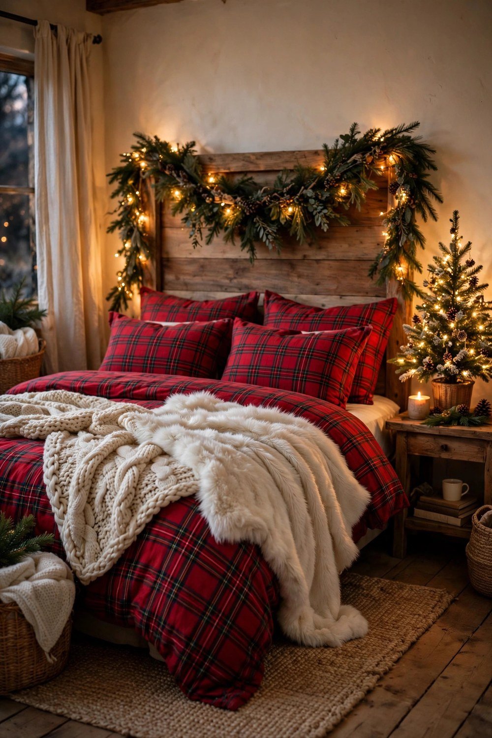 Cozy Christmas bedroom with warm fairy lights woven along the headboard
