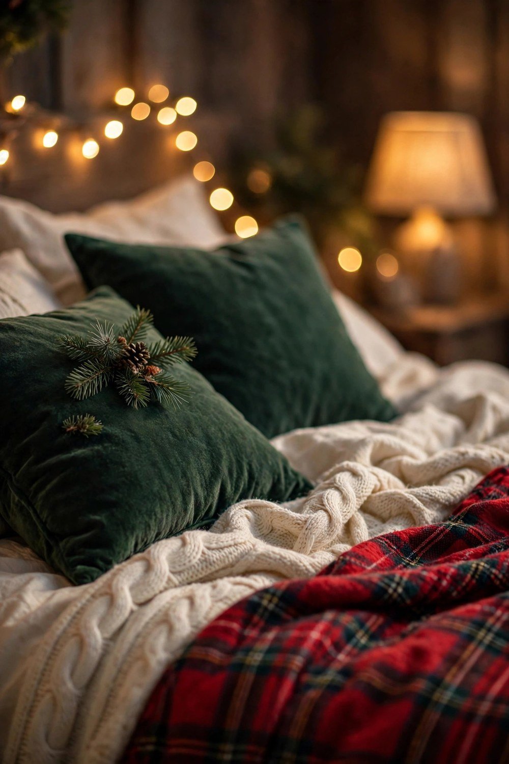 Cozy Christmas bed dressed in a festive quilted bedspread with holiday patterns